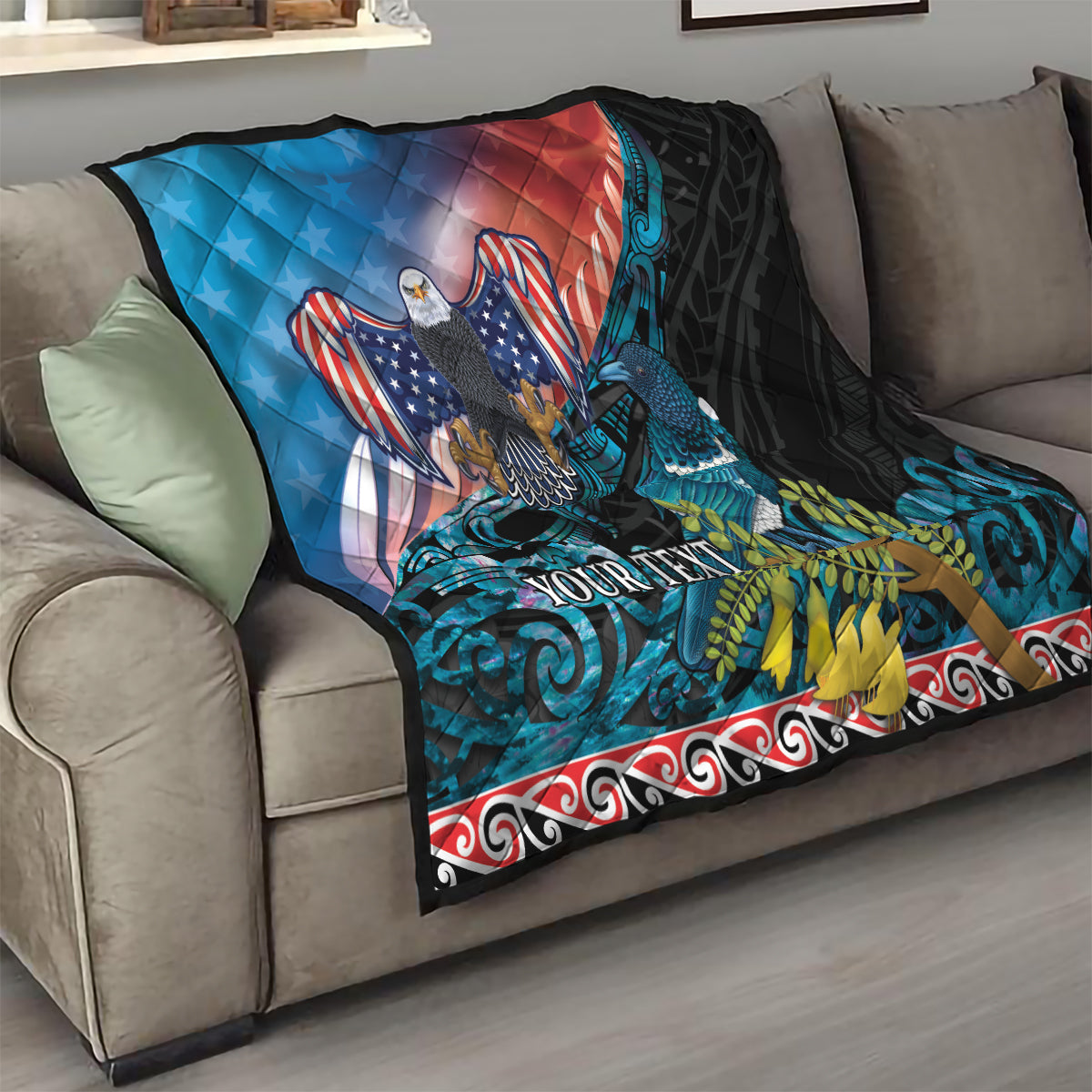Personalised United States And New Zealand Quilt USA Eagle With Kowhai Aotearoa Tui Bird LT14 - Polynesian Pride