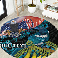 Personalised United States And New Zealand Round Carpet USA Eagle With Kowhai Aotearoa Tui Bird LT14 Blue - Polynesian Pride