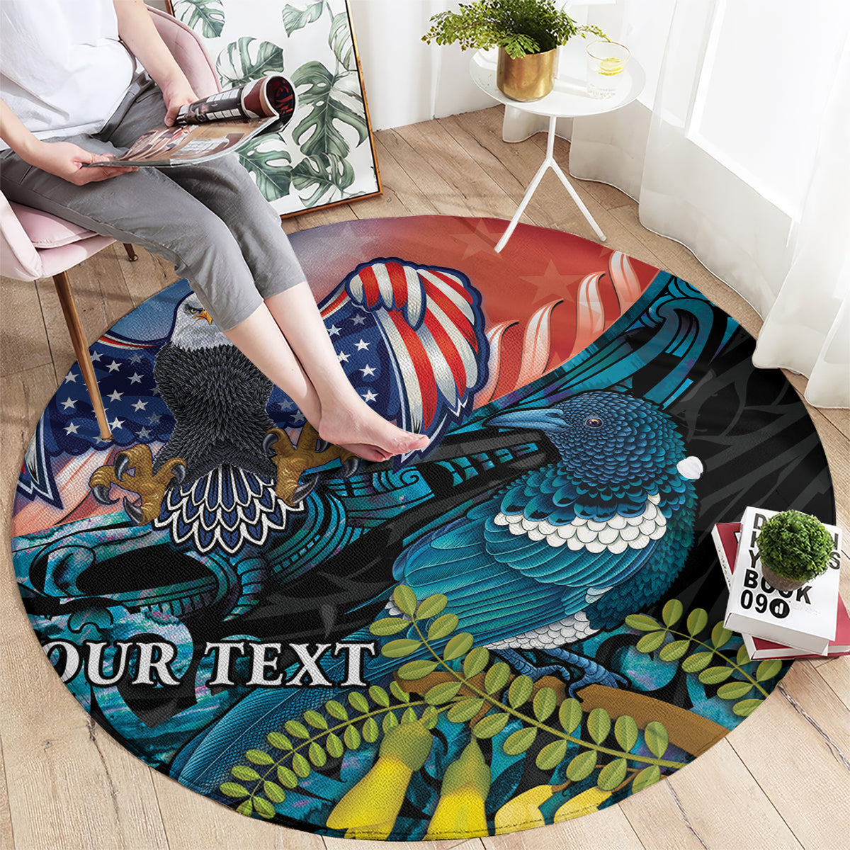 Personalised United States And New Zealand Round Carpet USA Eagle With Kowhai Aotearoa Tui Bird LT14 - Polynesian Pride