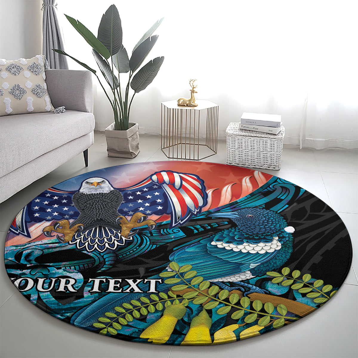 Personalised United States And New Zealand Round Carpet USA Eagle With Kowhai Aotearoa Tui Bird LT14 - Polynesian Pride