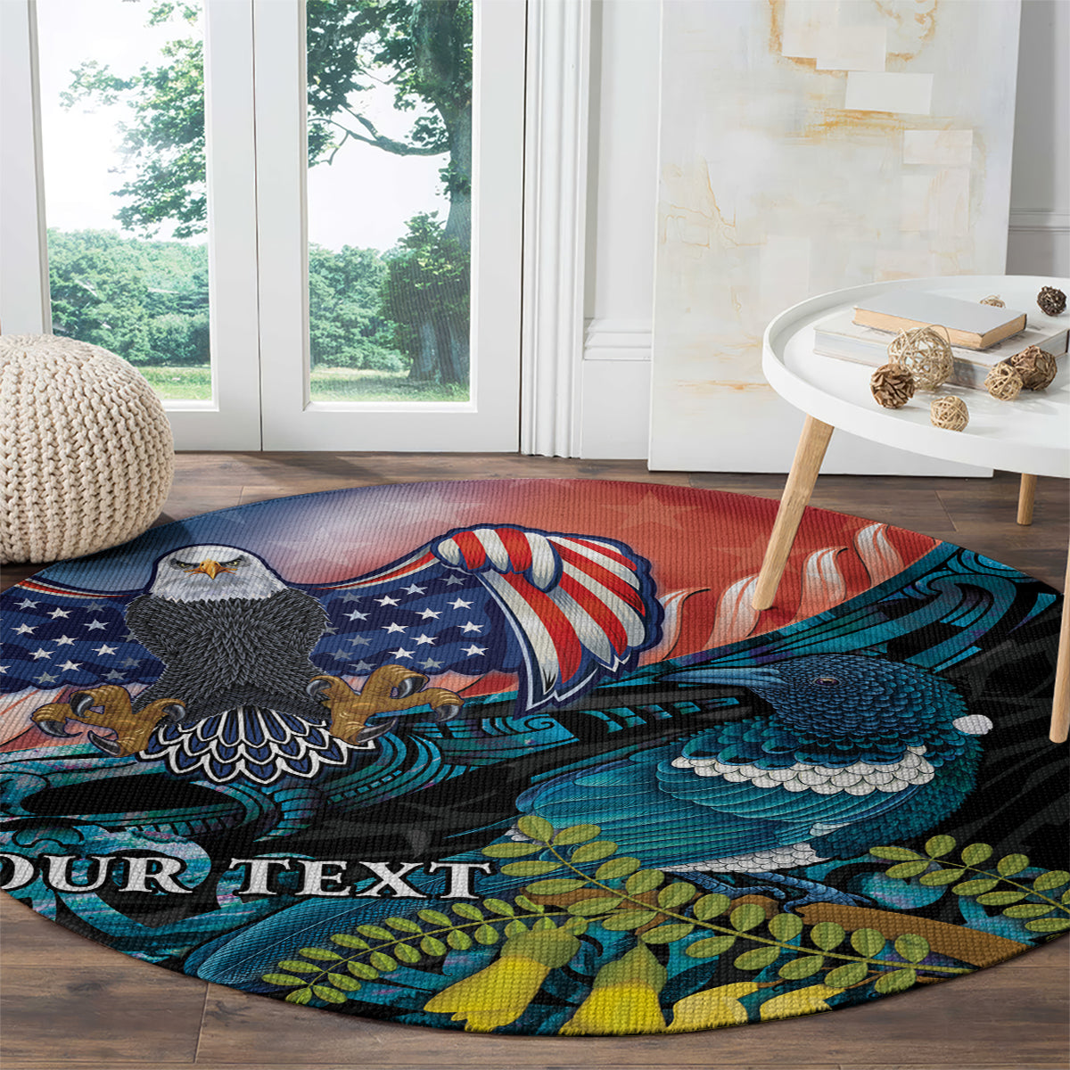 Personalised United States And New Zealand Round Carpet USA Eagle With Kowhai Aotearoa Tui Bird LT14 - Polynesian Pride