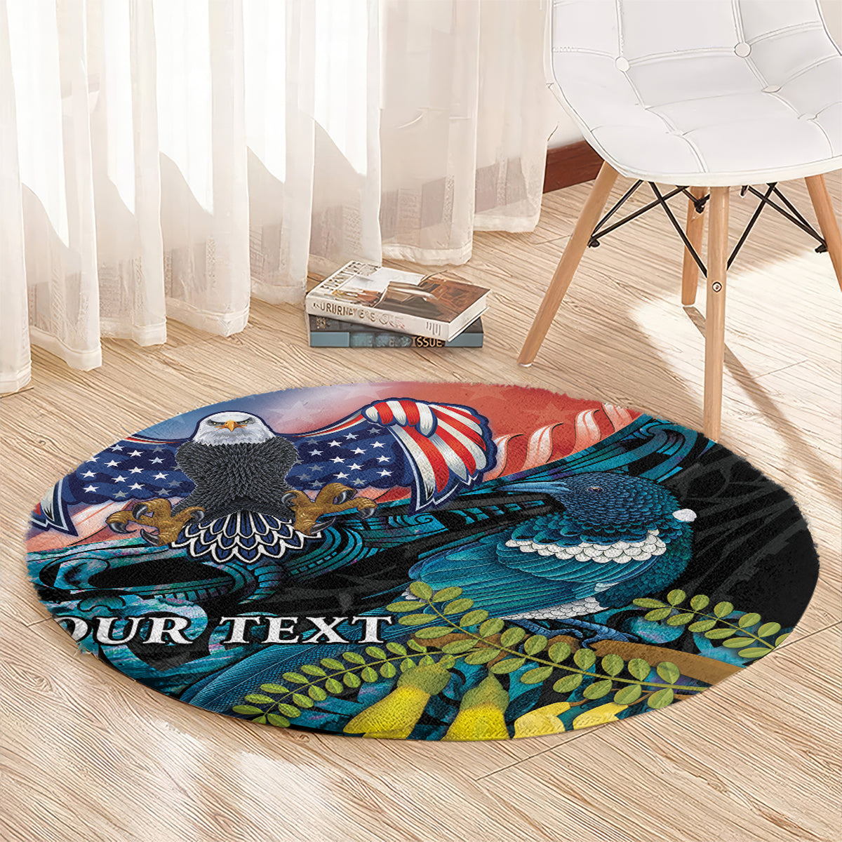 Personalised United States And New Zealand Round Carpet USA Eagle With Kowhai Aotearoa Tui Bird LT14 - Polynesian Pride