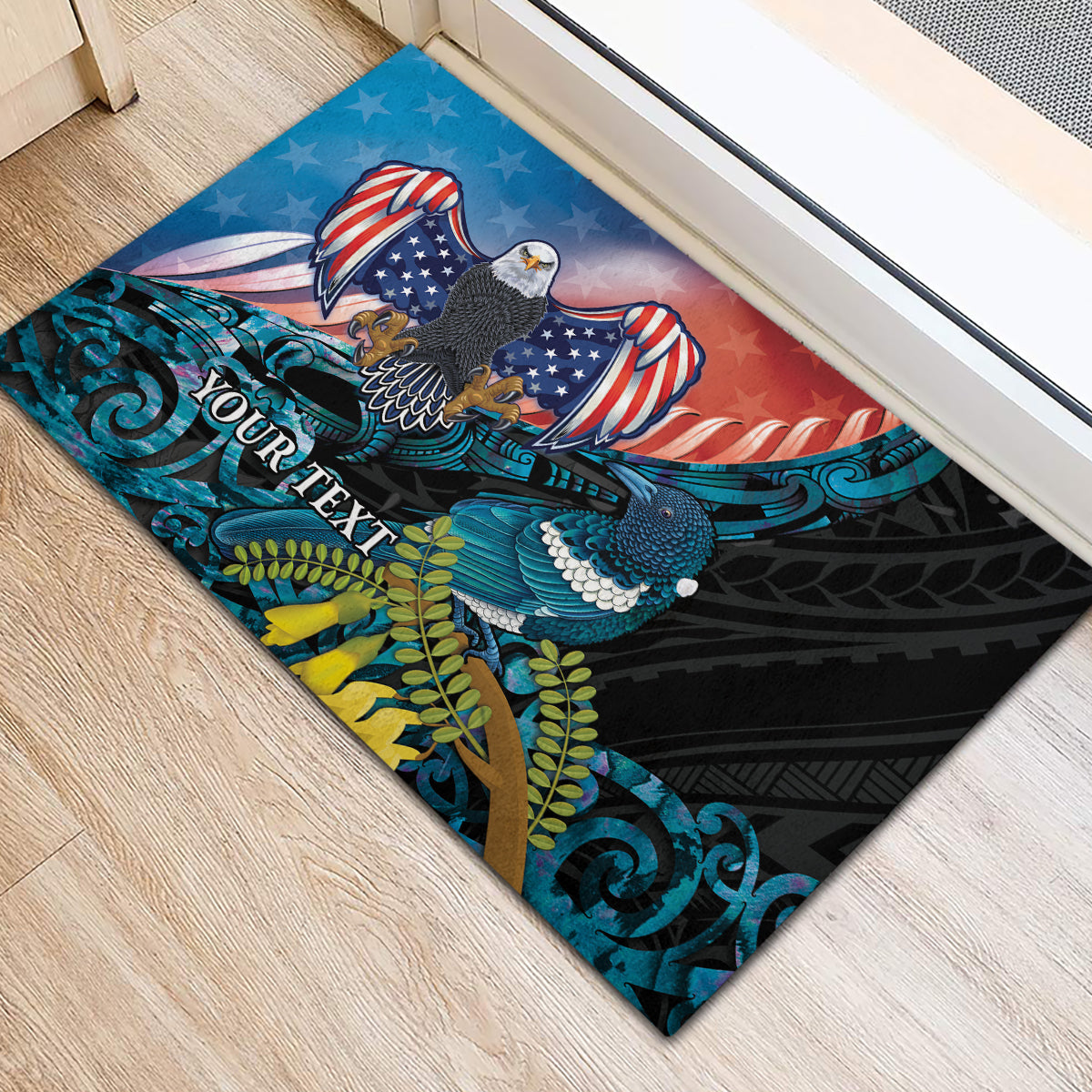 Personalised United States And New Zealand Rubber Doormat USA Eagle With Kowhai Aotearoa Tui Bird LT14 - Polynesian Pride
