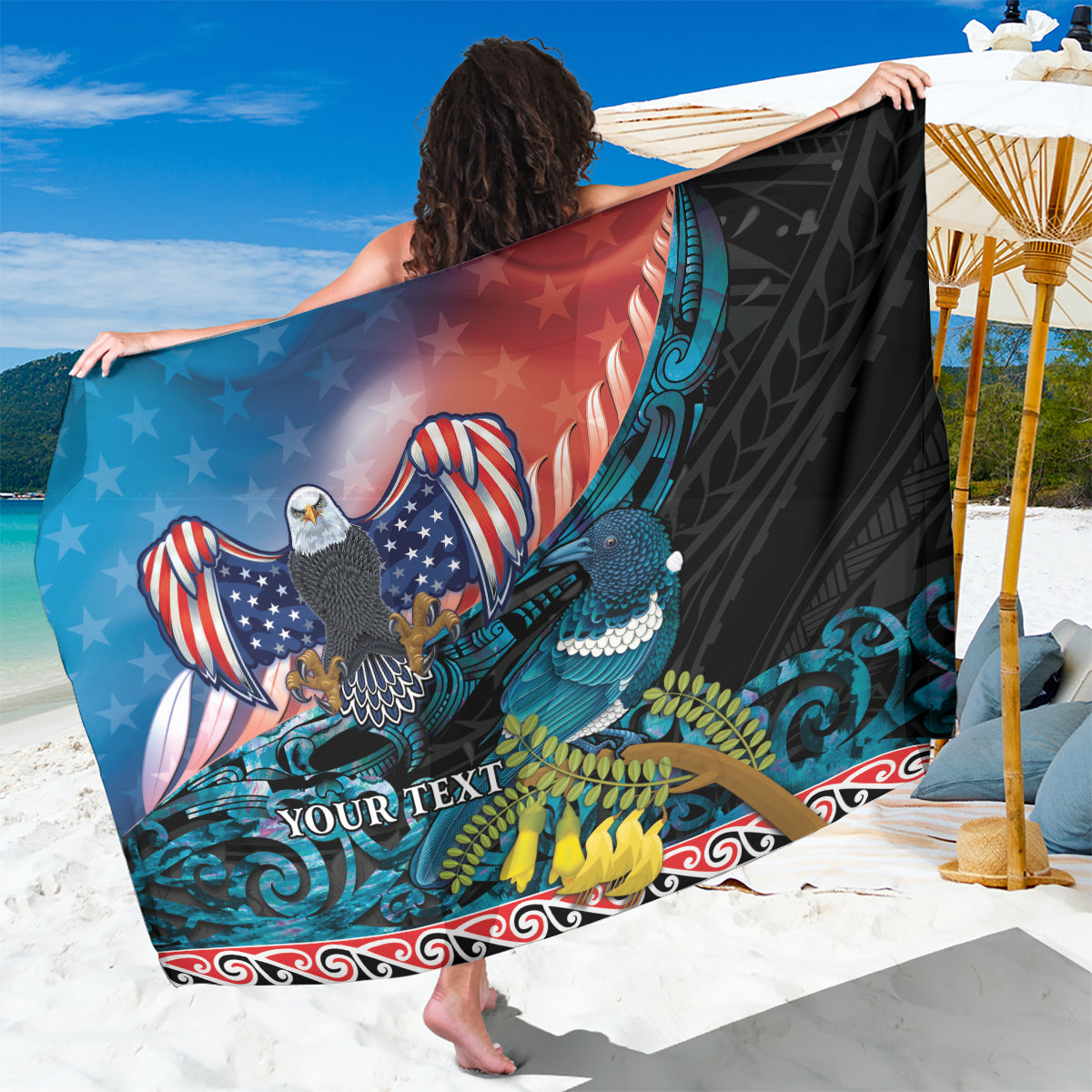 Personalised United States And New Zealand Sarong USA Eagle With Kowhai Aotearoa Tui Bird LT14 One Size 44 x 66 inches Blue - Polynesian Pride