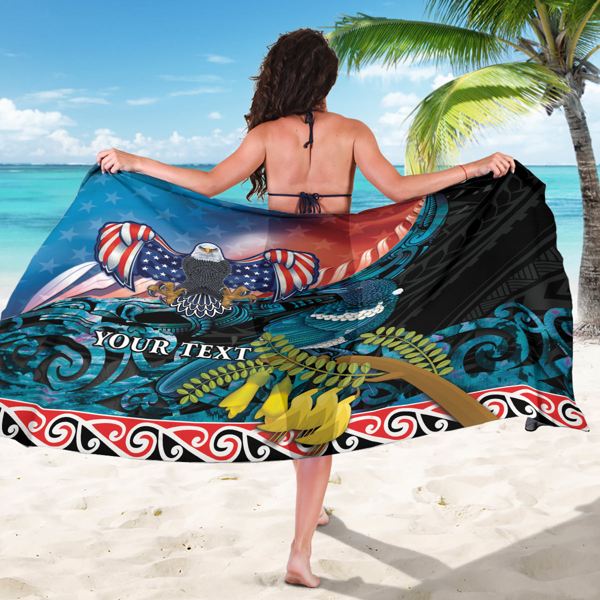 Personalised United States And New Zealand Sarong USA Eagle With Kowhai Aotearoa Tui Bird LT14 - Polynesian Pride