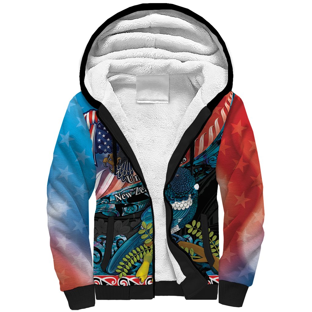 Personalised United States And New Zealand Sherpa Hoodie USA Eagle With Kowhai Aotearoa Tui Bird LT14 Unisex Blue - Polynesian Pride