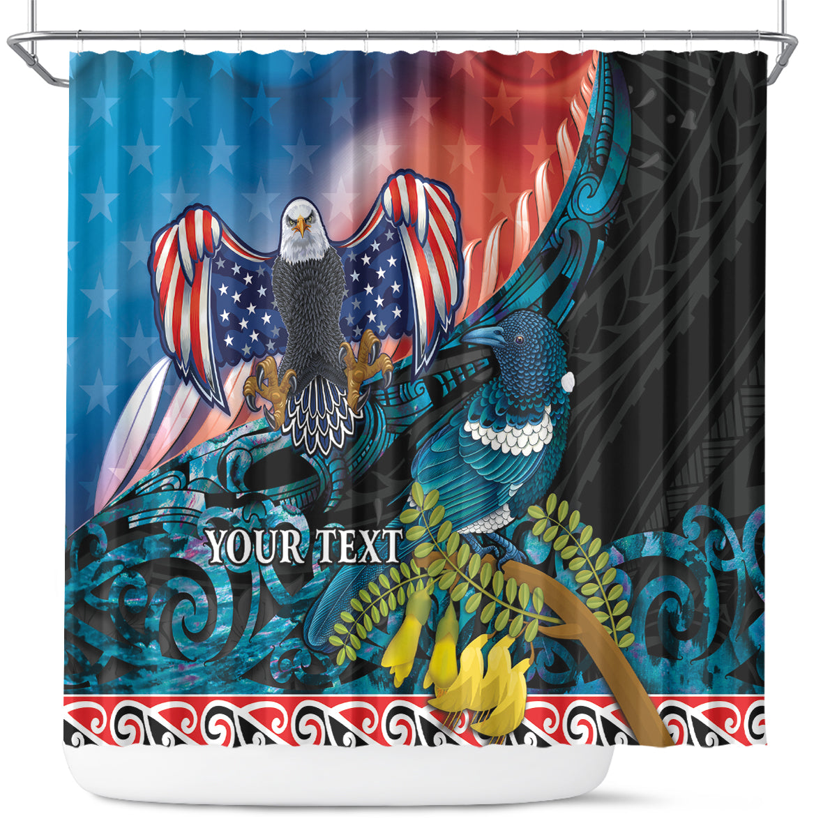 Personalised United States And New Zealand Shower Curtain USA Eagle With Kowhai Aotearoa Tui Bird LT14 Blue - Polynesian Pride