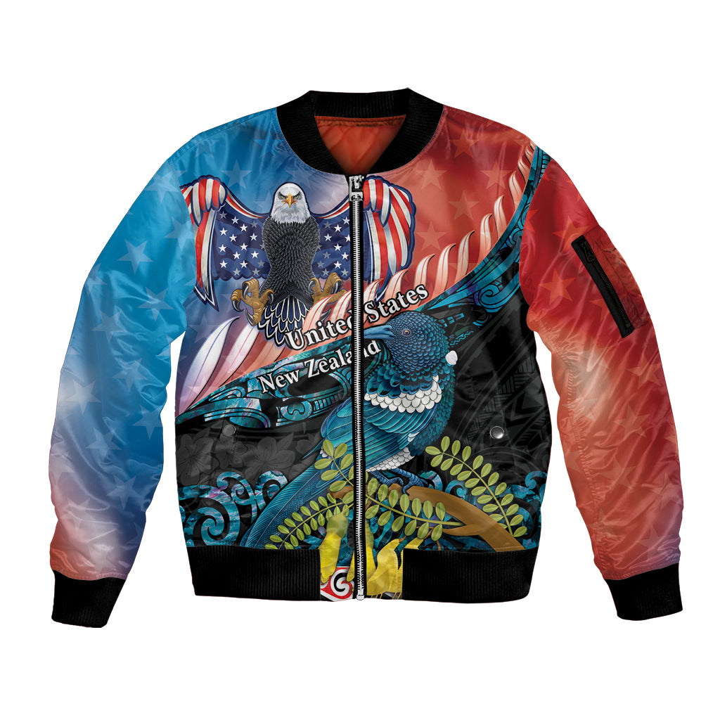 Personalised United States And New Zealand Sleeve Zip Bomber Jacket USA Eagle With Kowhai Aotearoa Tui Bird LT14 Unisex Blue - Polynesian Pride