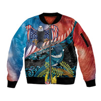 Personalised United States And New Zealand Sleeve Zip Bomber Jacket USA Eagle With Kowhai Aotearoa Tui Bird LT14 Unisex Blue - Polynesian Pride