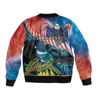 Personalised United States And New Zealand Sleeve Zip Bomber Jacket USA Eagle With Kowhai Aotearoa Tui Bird LT14 - Polynesian Pride