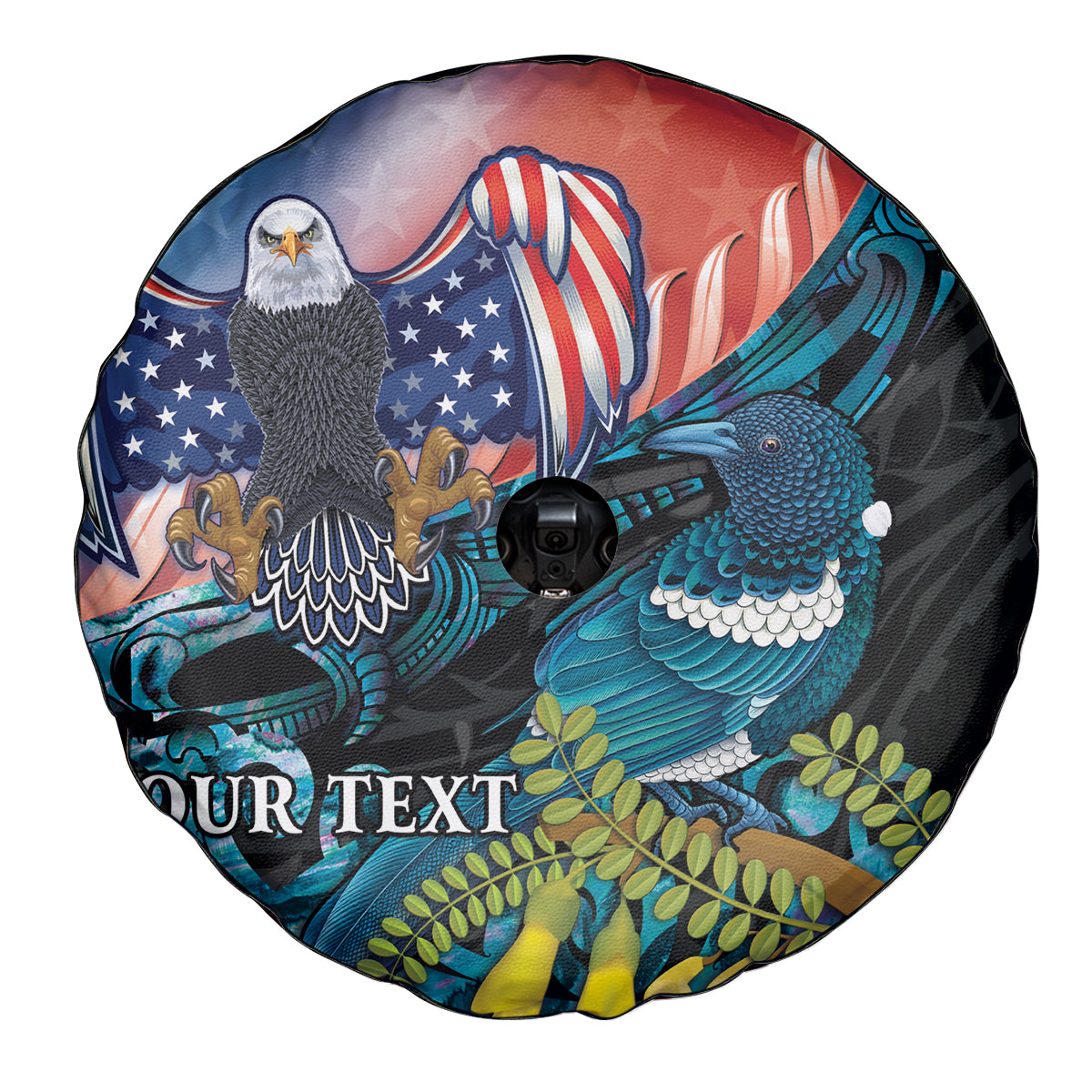 Personalised United States And New Zealand Spare Tire Cover USA Eagle With Kowhai Aotearoa Tui Bird LT14 - Polynesian Pride