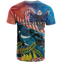 Personalised United States And New Zealand T Shirt USA Eagle With Kowhai Aotearoa Tui Bird LT14 - Polynesian Pride