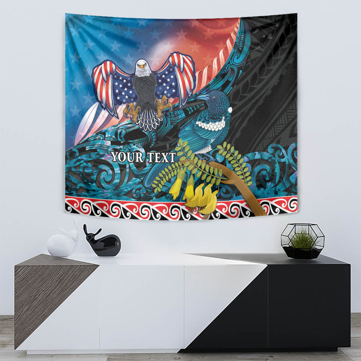 Personalised United States And New Zealand Tapestry USA Eagle With Kowhai Aotearoa Tui Bird LT14 - Polynesian Pride