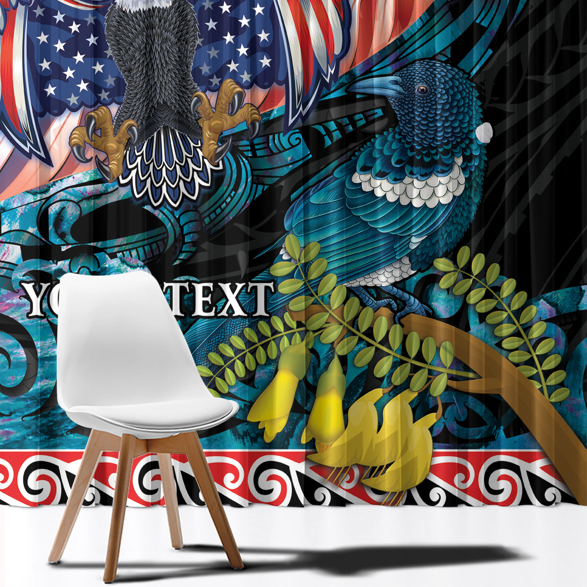 Personalised United States And New Zealand Window Curtain USA Eagle With Kowhai Aotearoa Tui Bird LT14 - Polynesian Pride