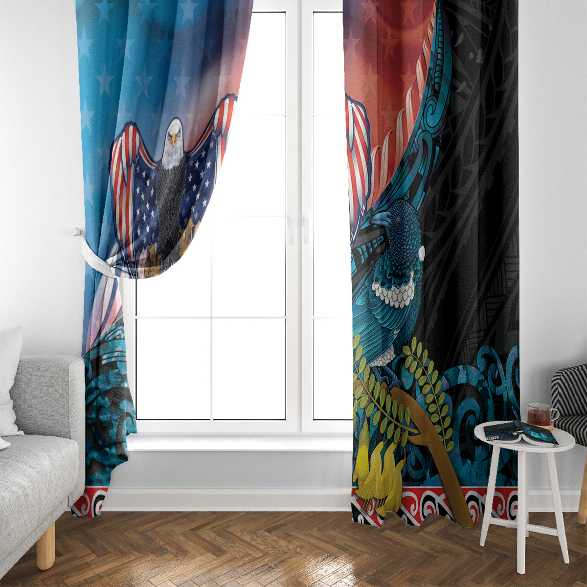 Personalised United States And New Zealand Window Curtain USA Eagle With Kowhai Aotearoa Tui Bird LT14 - Polynesian Pride