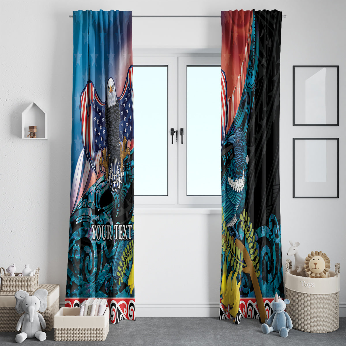 Personalised United States And New Zealand Window Curtain USA Eagle With Kowhai Aotearoa Tui Bird LT14 - Polynesian Pride
