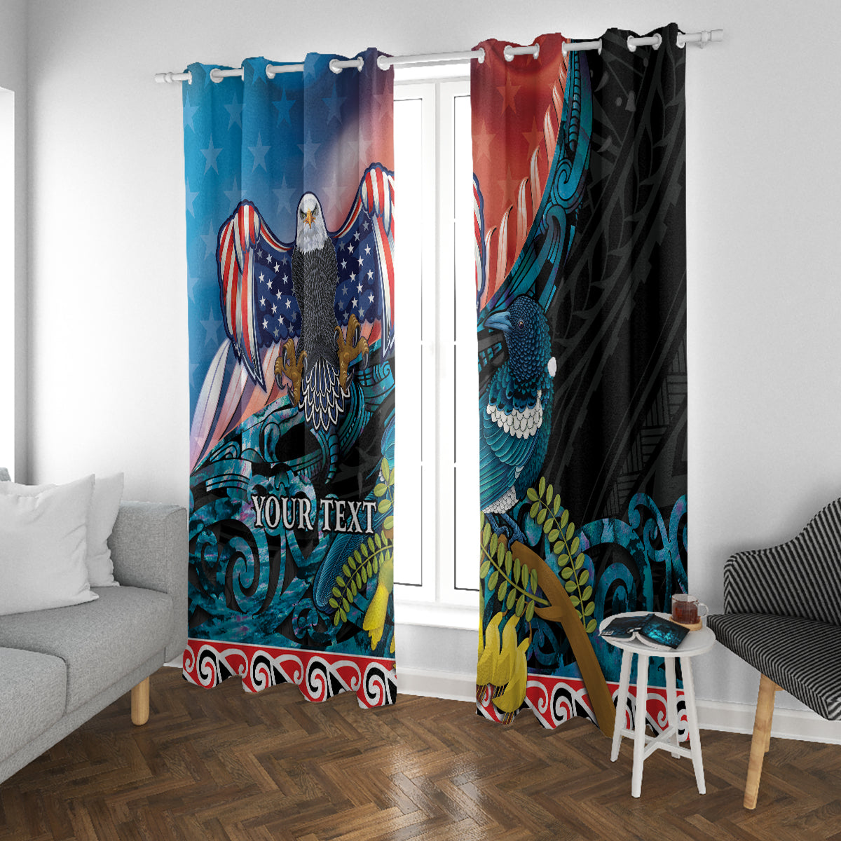 Personalised United States And New Zealand Window Curtain USA Eagle With Kowhai Aotearoa Tui Bird LT14 With Grommets Blue - Polynesian Pride