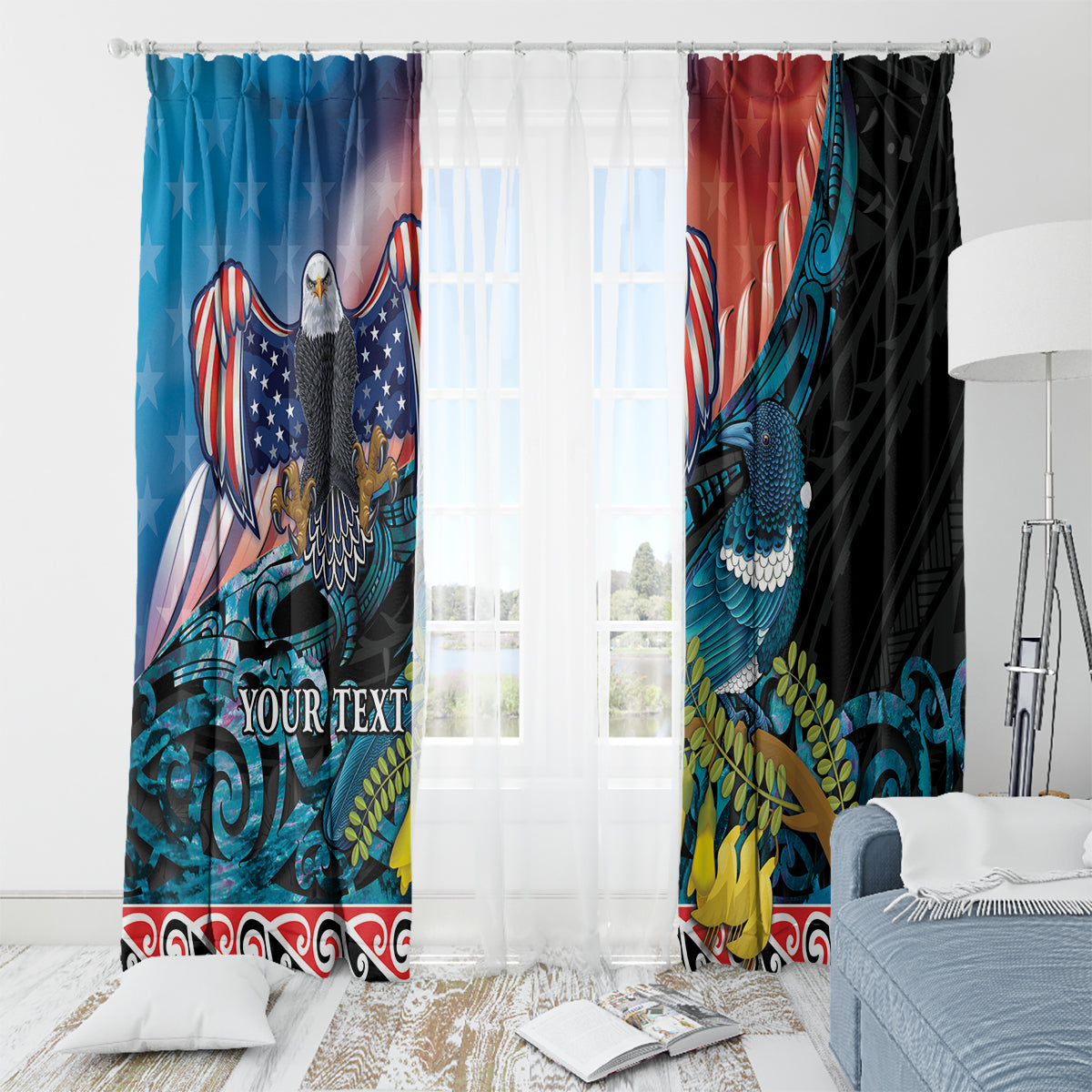 Personalised United States And New Zealand Window Curtain USA Eagle With Kowhai Aotearoa Tui Bird LT14 - Polynesian Pride