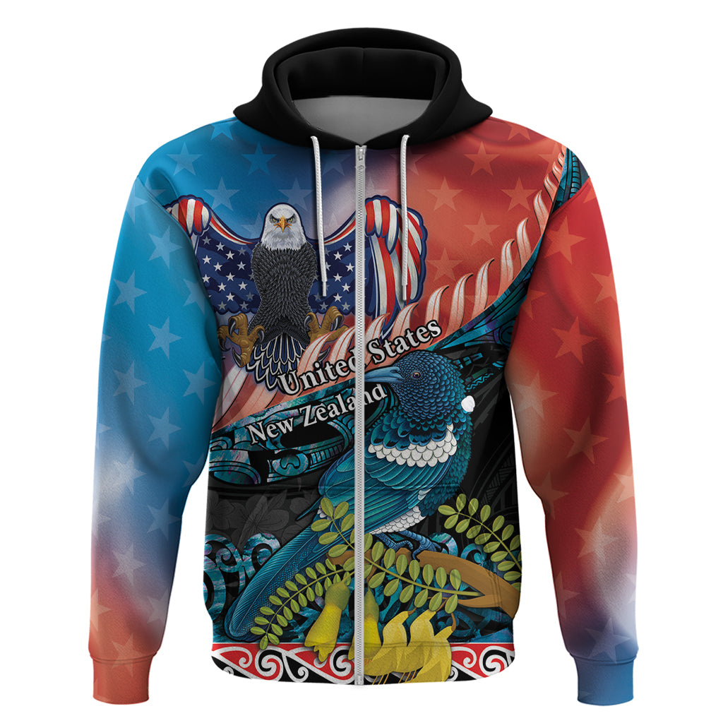 Personalised United States And New Zealand Zip Hoodie USA Eagle With Kowhai Aotearoa Tui Bird LT14 Zip Hoodie Blue - Polynesian Pride