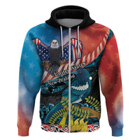 Personalised United States And New Zealand Zip Hoodie USA Eagle With Kowhai Aotearoa Tui Bird LT14 Zip Hoodie Blue - Polynesian Pride