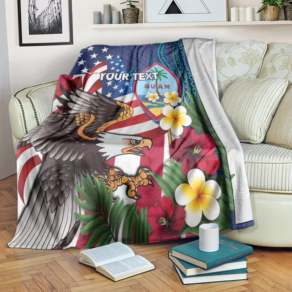 Personalised United States And Guam Blanket USA Eagle With Guahan Seal Tropical Vibes LT14 Blue - Polynesian Pride
