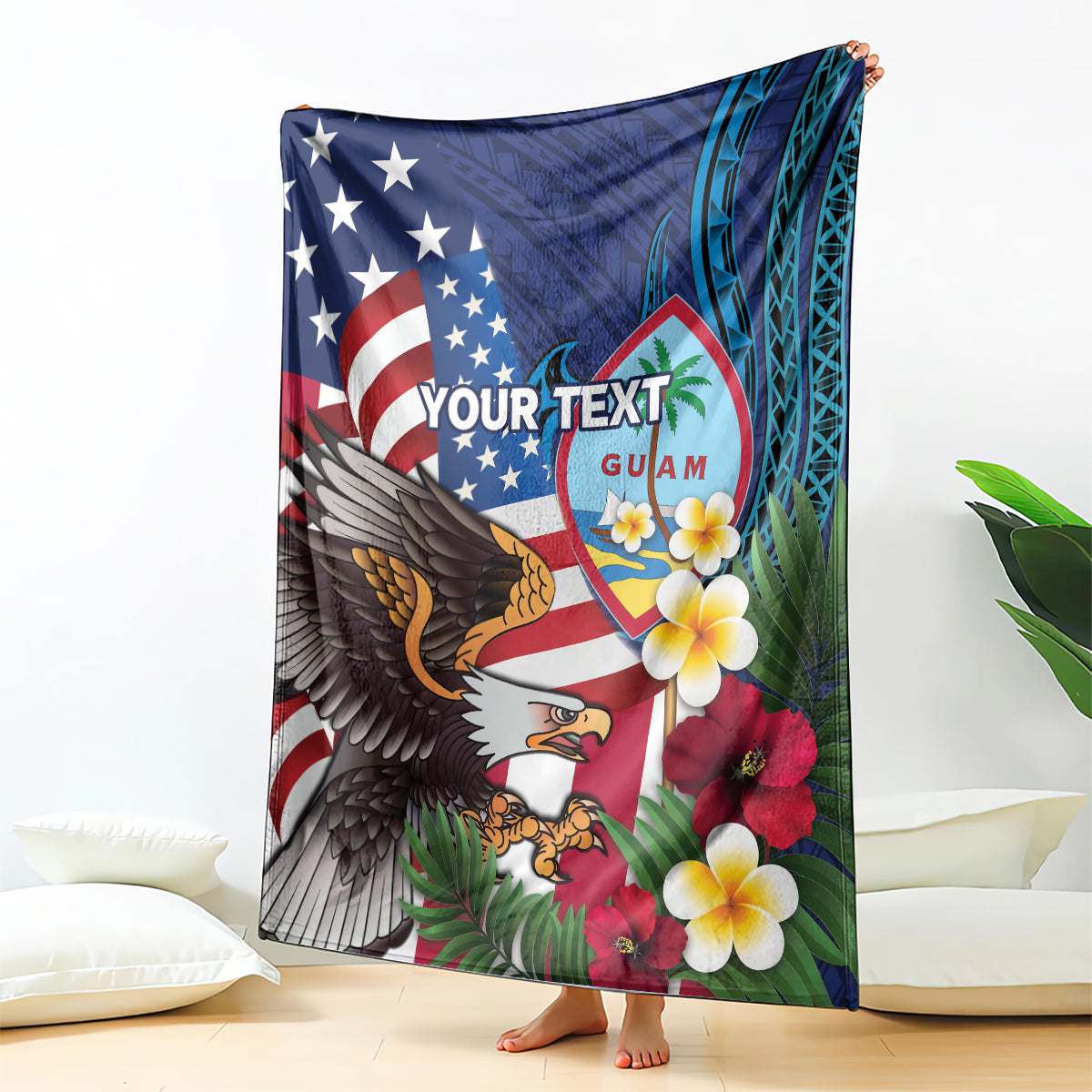 Personalised United States And Guam Blanket USA Eagle With Guahan Seal Tropical Vibes LT14 - Polynesian Pride