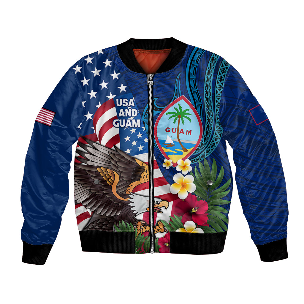 Personalised United States And Guam Bomber Jacket USA Eagle With Guahan Seal Tropical Vibes LT14 Unisex Blue - Polynesian Pride