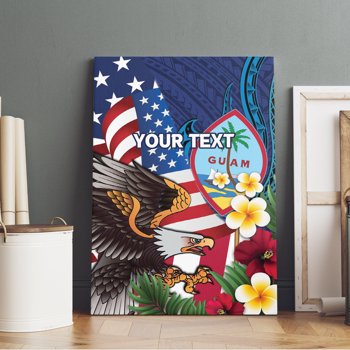 Personalised United States And Guam Canvas Wall Art USA Eagle With Guahan Seal Tropical Vibes