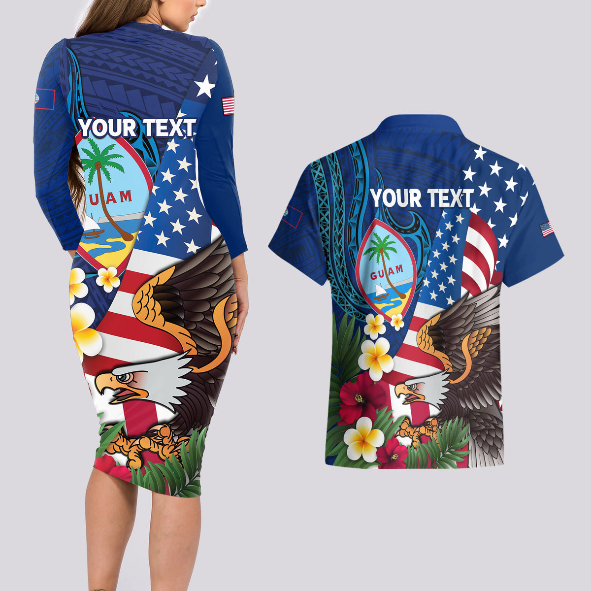 Personalised United States And Guam Couples Matching Long Sleeve Bodycon Dress and Hawaiian Shirt USA Eagle With Guahan Seal Tropical Vibes LT14 - Polynesian Pride