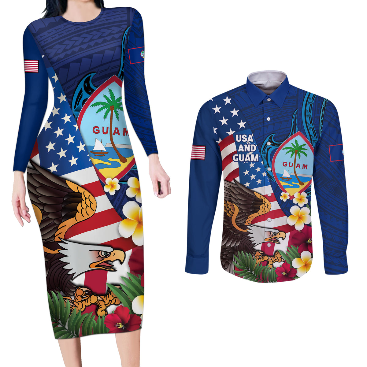 Personalised United States And Guam Couples Matching Long Sleeve Bodycon Dress and Long Sleeve Button Shirt USA Eagle With Guahan Seal Tropical Vibes LT14 Blue - Polynesian Pride