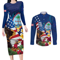 Personalised United States And Guam Couples Matching Long Sleeve Bodycon Dress and Long Sleeve Button Shirt USA Eagle With Guahan Seal Tropical Vibes LT14 Blue - Polynesian Pride