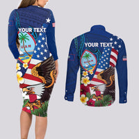 Personalised United States And Guam Couples Matching Long Sleeve Bodycon Dress and Long Sleeve Button Shirt USA Eagle With Guahan Seal Tropical Vibes LT14 - Polynesian Pride