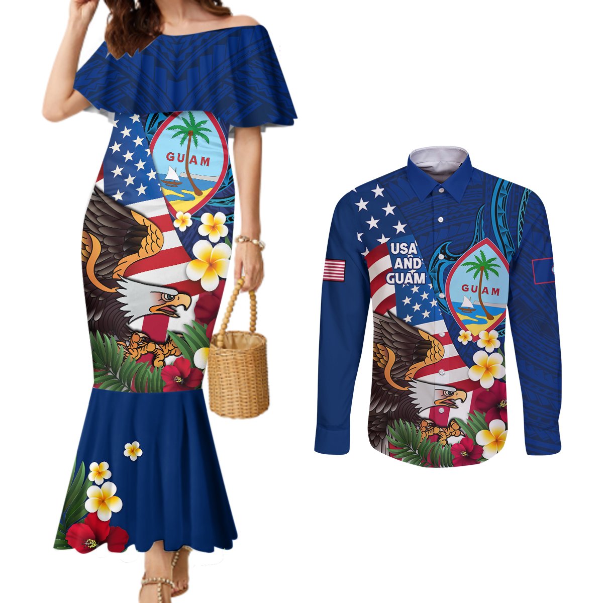 Personalised United States And Guam Couples Matching Mermaid Dress and Long Sleeve Button Shirt USA Eagle With Guahan Seal Tropical Vibes LT14 Blue - Polynesian Pride