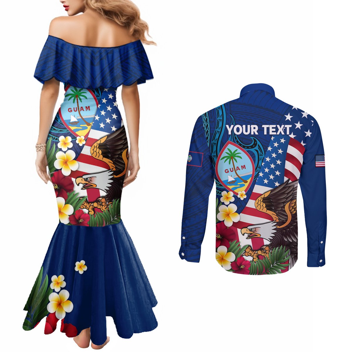 Personalised United States And Guam Couples Matching Mermaid Dress and Long Sleeve Button Shirt USA Eagle With Guahan Seal Tropical Vibes LT14 - Polynesian Pride