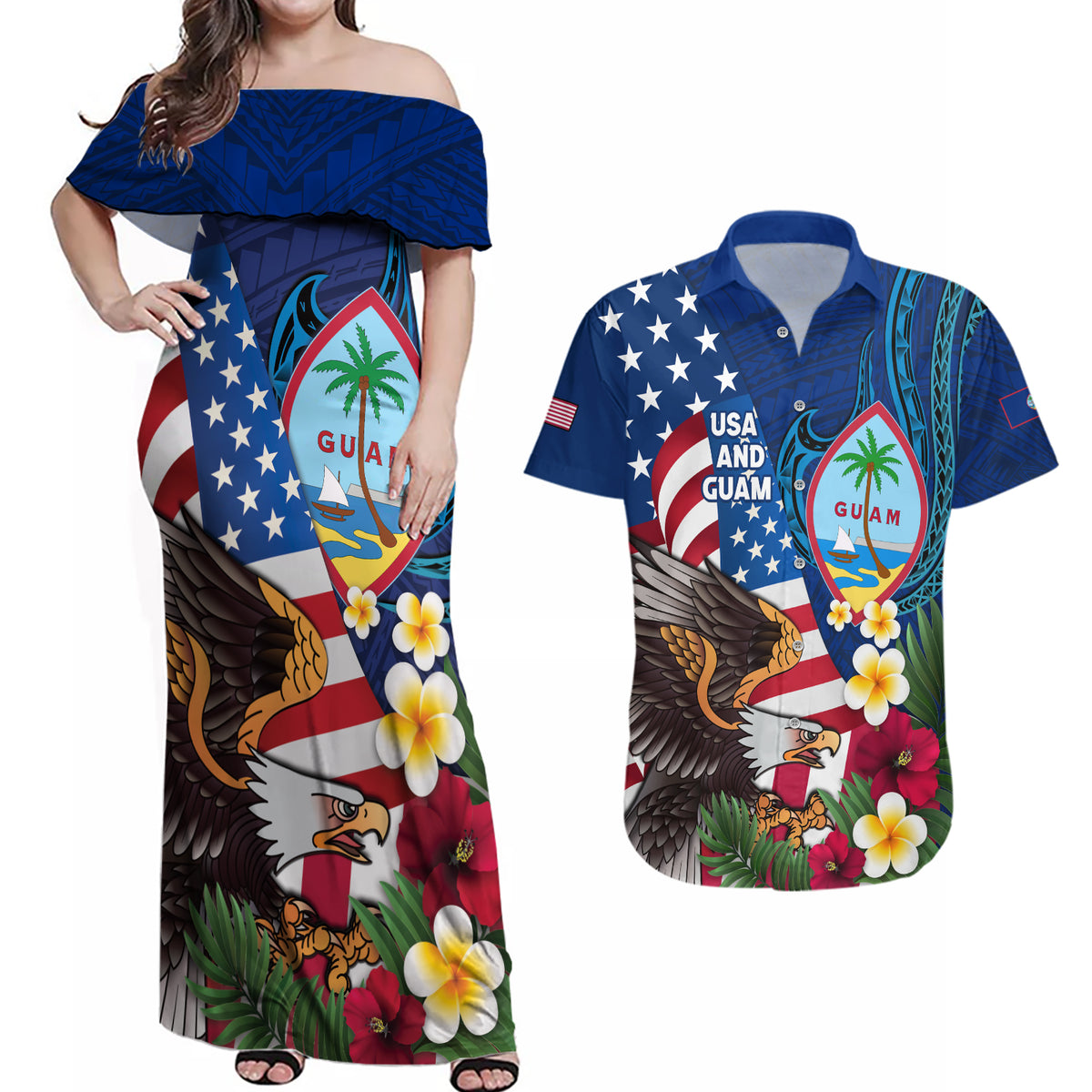 Personalised United States And Guam Couples Matching Off Shoulder Maxi Dress and Hawaiian Shirt USA Eagle With Guahan Seal Tropical Vibes LT14 Blue - Polynesian Pride