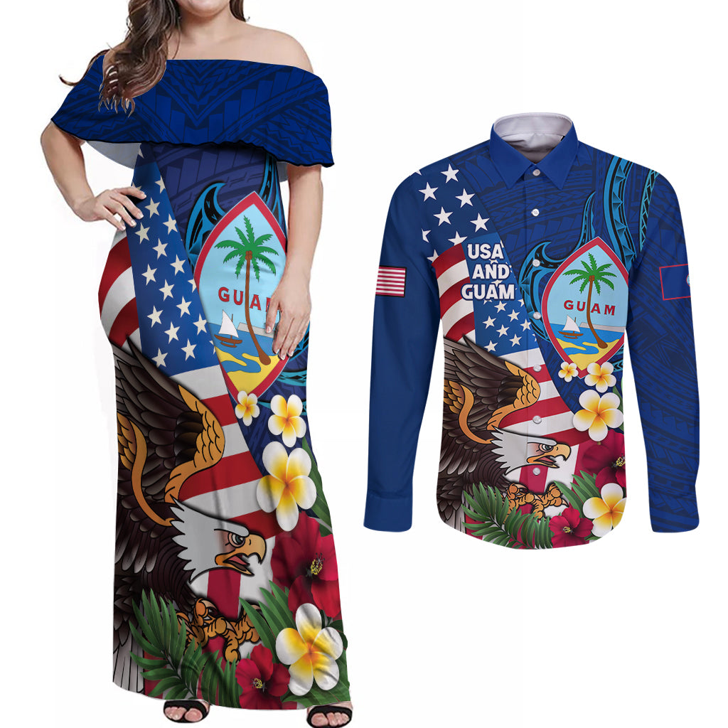 Personalised United States And Guam Couples Matching Off Shoulder Maxi Dress and Long Sleeve Button Shirt USA Eagle With Guahan Seal Tropical Vibes LT14 Blue - Polynesian Pride