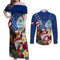 Personalised United States And Guam Couples Matching Off Shoulder Maxi Dress and Long Sleeve Button Shirt USA Eagle With Guahan Seal Tropical Vibes LT14 Blue - Polynesian Pride