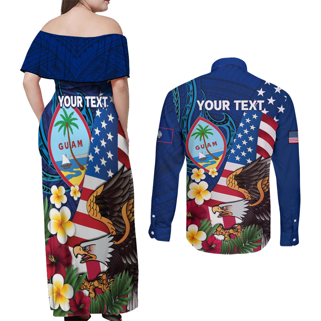 Personalised United States And Guam Couples Matching Off Shoulder Maxi Dress and Long Sleeve Button Shirt USA Eagle With Guahan Seal Tropical Vibes LT14 - Polynesian Pride