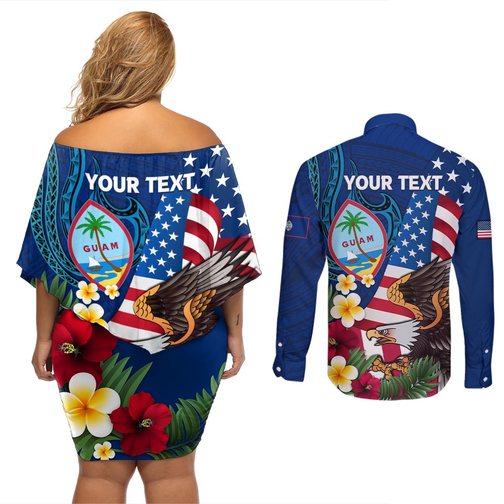 Personalised United States And Guam Couples Matching Off Shoulder Short Dress and Long Sleeve Button Shirt USA Eagle With Guahan Seal Tropical Vibes LT14 - Polynesian Pride