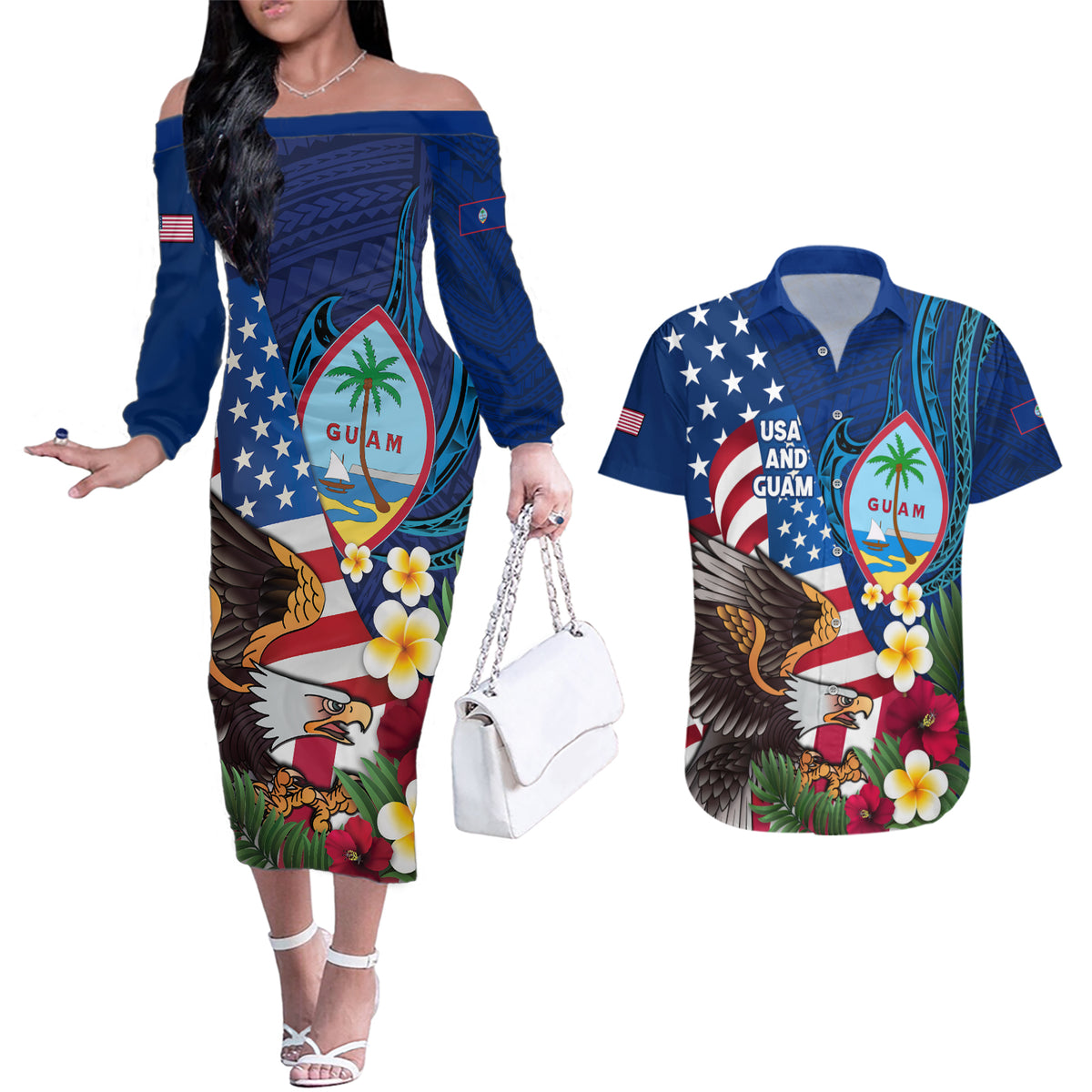 Personalised United States And Guam Couples Matching Off The Shoulder Long Sleeve Dress and Hawaiian Shirt USA Eagle With Guahan Seal Tropical Vibes LT14 Blue - Polynesian Pride