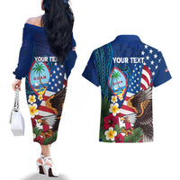 Personalised United States And Guam Couples Matching Off The Shoulder Long Sleeve Dress and Hawaiian Shirt USA Eagle With Guahan Seal Tropical Vibes LT14 - Polynesian Pride