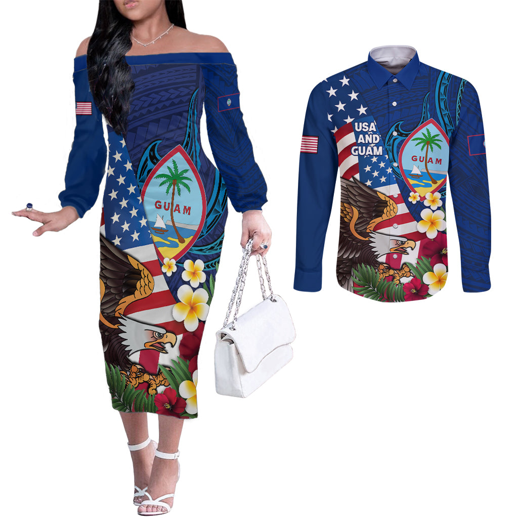 Personalised United States And Guam Couples Matching Off The Shoulder Long Sleeve Dress and Long Sleeve Button Shirt USA Eagle With Guahan Seal Tropical Vibes LT14 Blue - Polynesian Pride