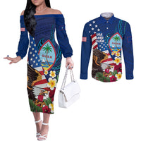 Personalised United States And Guam Couples Matching Off The Shoulder Long Sleeve Dress and Long Sleeve Button Shirt USA Eagle With Guahan Seal Tropical Vibes LT14 Blue - Polynesian Pride