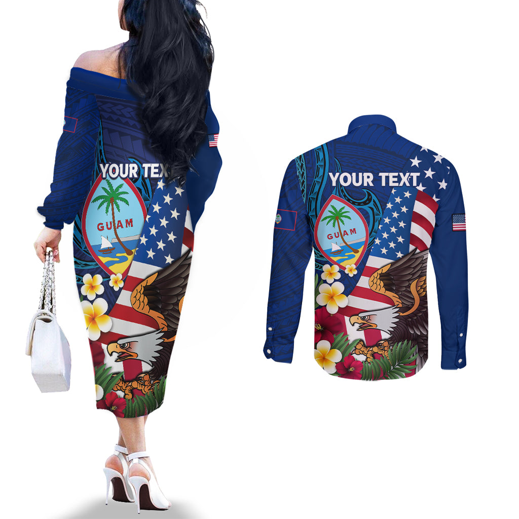 Personalised United States And Guam Couples Matching Off The Shoulder Long Sleeve Dress and Long Sleeve Button Shirt USA Eagle With Guahan Seal Tropical Vibes LT14 - Polynesian Pride