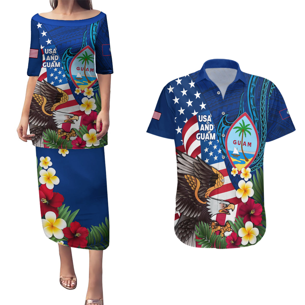Personalised United States And Guam Couples Matching Puletasi and Hawaiian Shirt USA Eagle With Guahan Seal Tropical Vibes LT14 Blue - Polynesian Pride