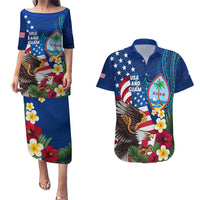 Personalised United States And Guam Couples Matching Puletasi and Hawaiian Shirt USA Eagle With Guahan Seal Tropical Vibes LT14 Blue - Polynesian Pride
