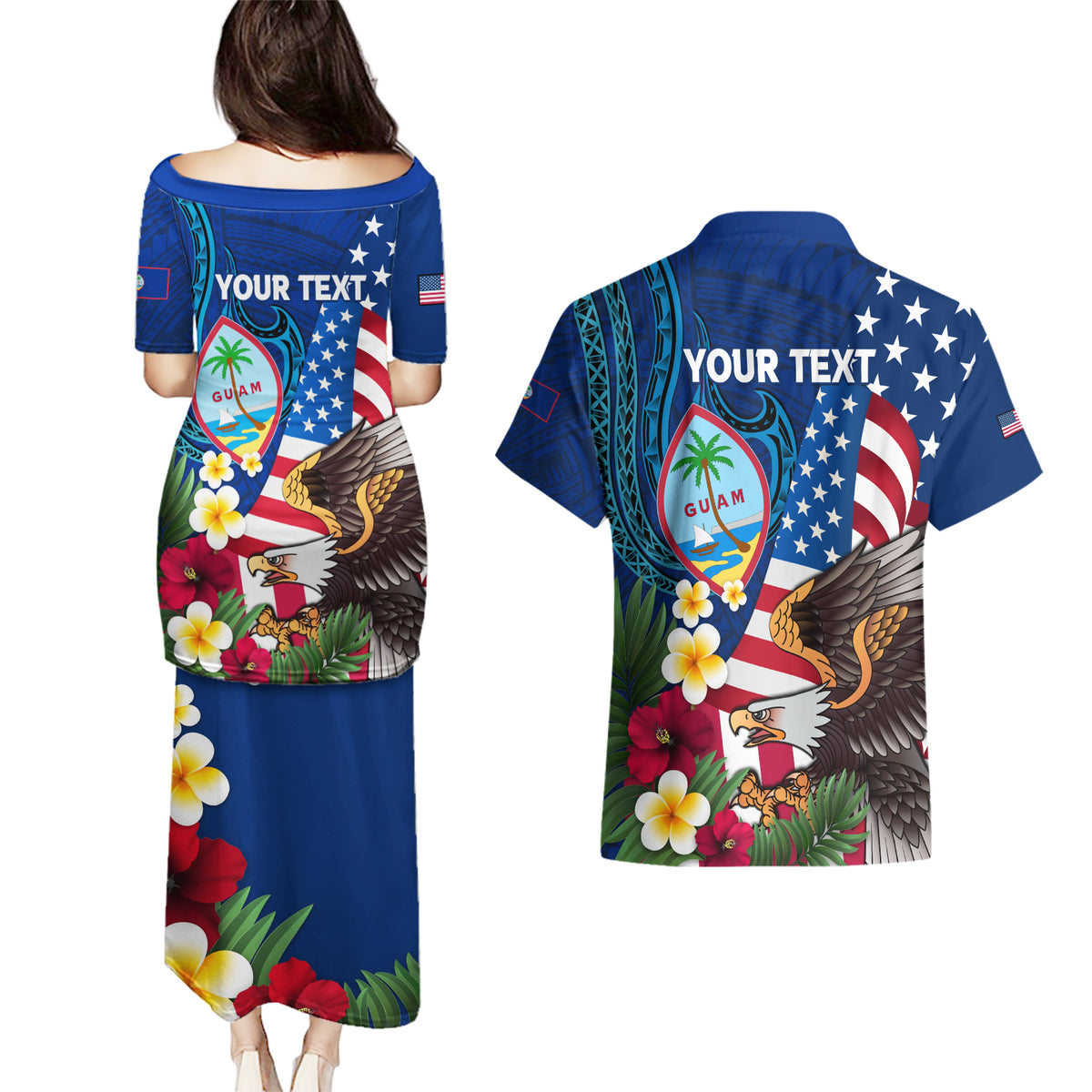 Personalised United States And Guam Couples Matching Puletasi and Hawaiian Shirt USA Eagle With Guahan Seal Tropical Vibes LT14 - Polynesian Pride