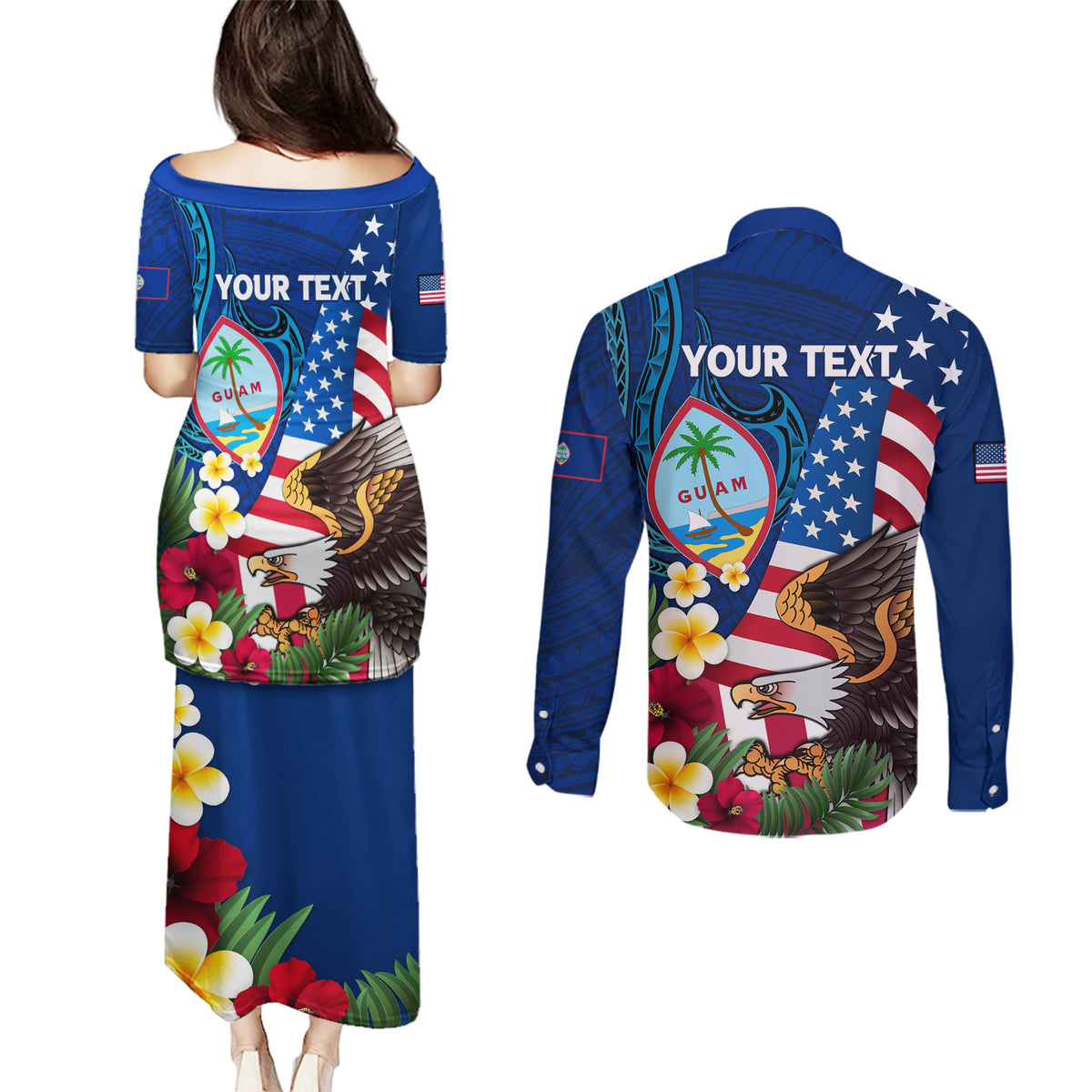 Personalised United States And Guam Couples Matching Puletasi and Long Sleeve Button Shirt USA Eagle With Guahan Seal Tropical Vibes LT14 - Polynesian Pride