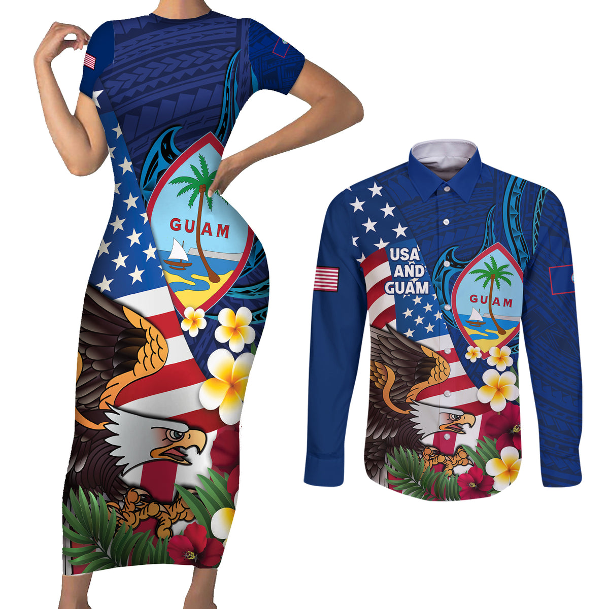 Personalised United States And Guam Couples Matching Short Sleeve Bodycon Dress and Long Sleeve Button Shirt USA Eagle With Guahan Seal Tropical Vibes LT14 Blue - Polynesian Pride