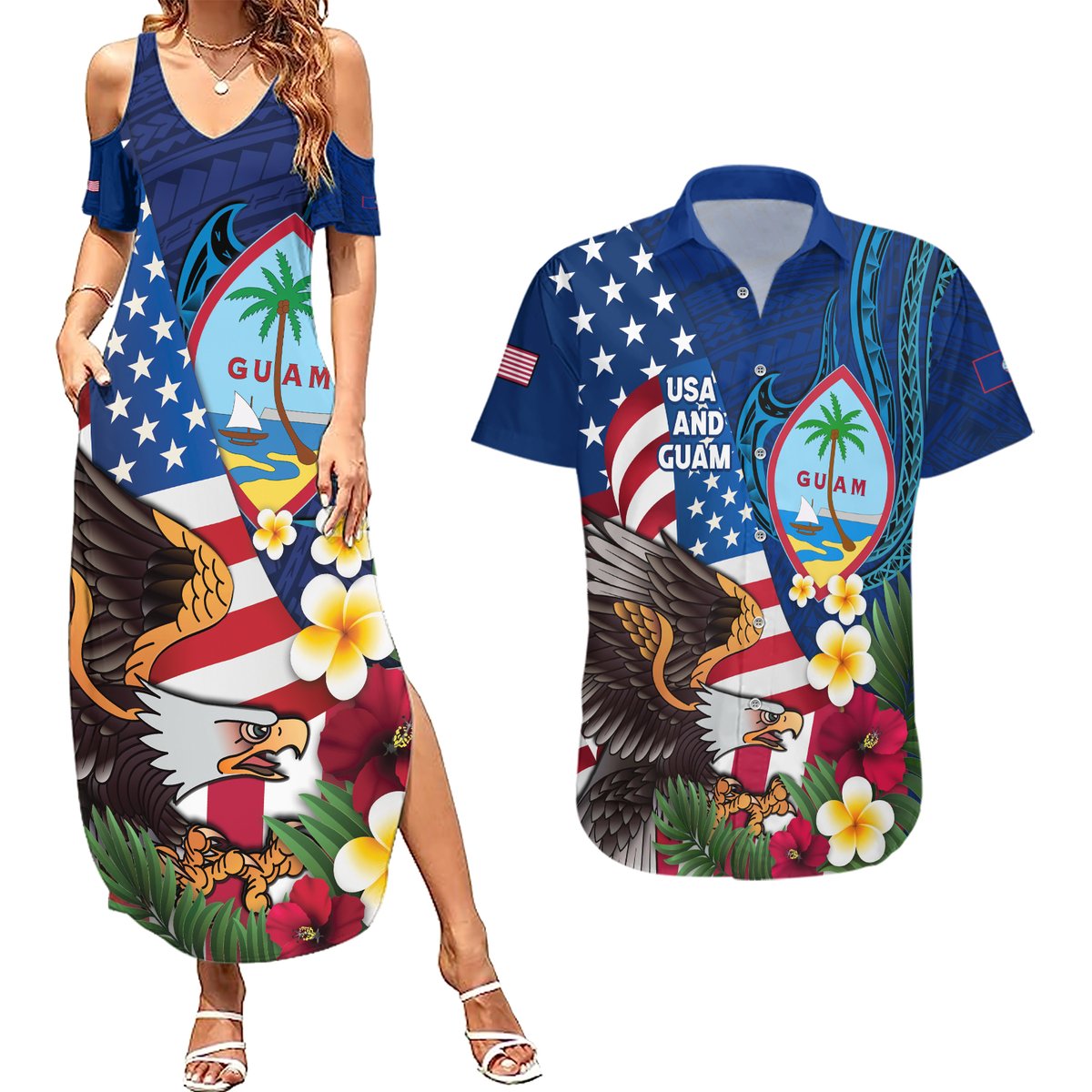 Personalised United States And Guam Couples Matching Summer Maxi Dress and Hawaiian Shirt USA Eagle With Guahan Seal Tropical Vibes LT14 Blue - Polynesian Pride